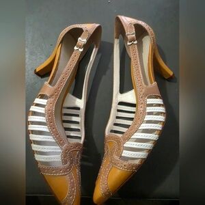 ANTONIO MELANI Tan and White T-Strap Heels